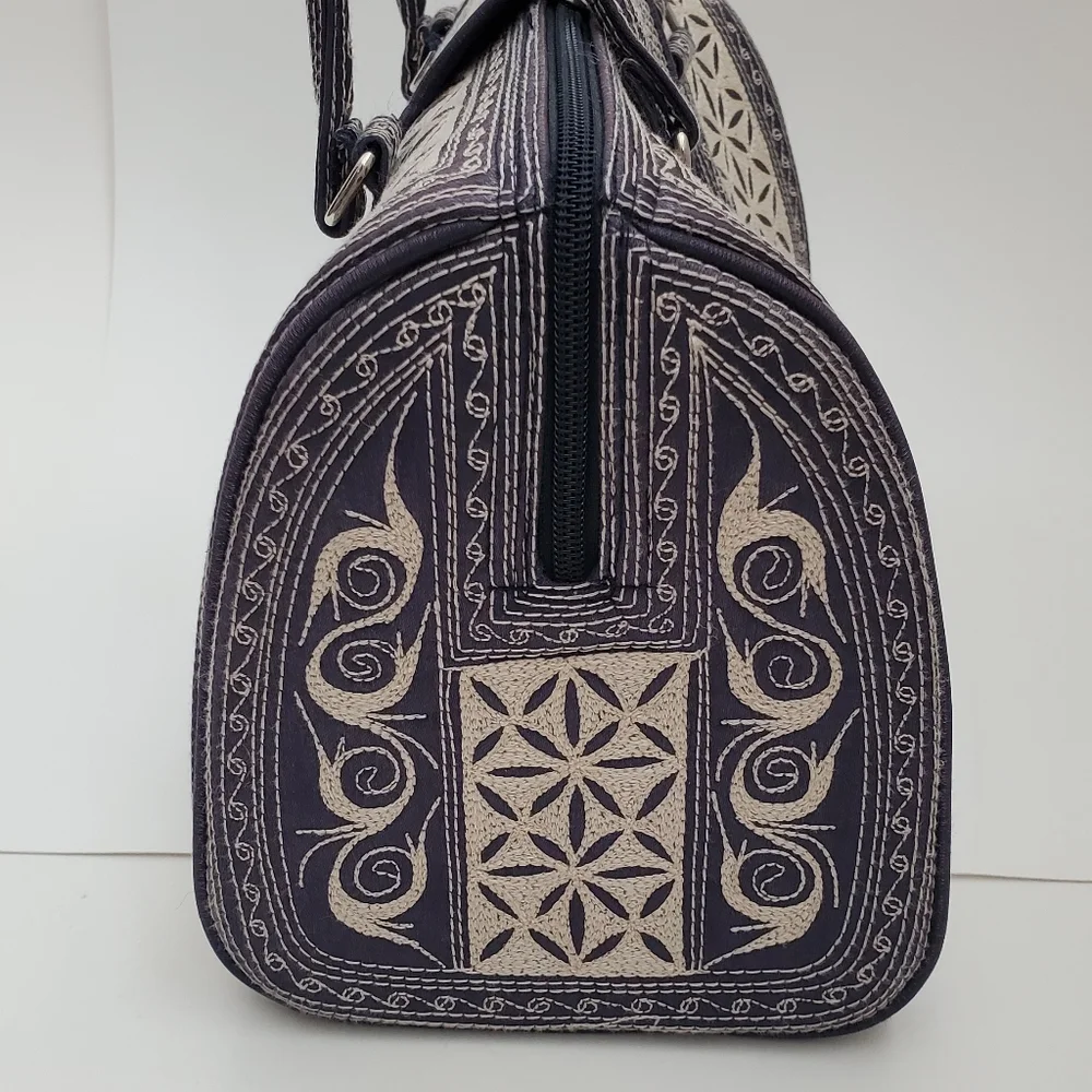 Embroidered Canvas Tote Bag in Black and Cream